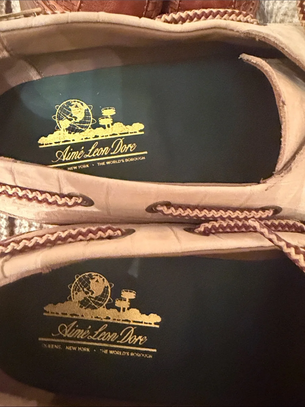 Aime Leon Dore Beige Croc-Embossed Boat Shoes with Brown Braided Laces